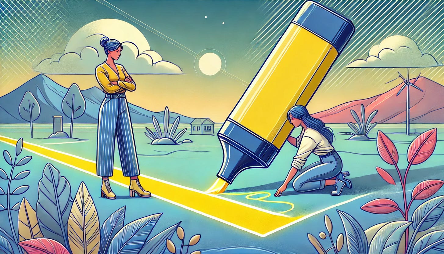 A creative, modern landscape illustration symbolizing personal boundaries. Two people interact: one is drawing a clear yellow boundary line on the ground with a giant highlighter, representing setting limits, while the other person observes thoughtfully. The layout is wide, emphasizing the space around the boundary and the interaction. The style is vibrant, semi-realistic, with clean lines and soft gradients. The background features abstract, calming elements in shades of blue and yellow, creating a reflective and empowering atmosphere. The characters wear stylish, contemporary clothing, expressing mindfulness and clarity.