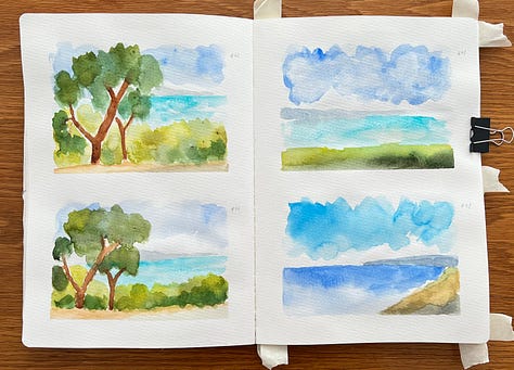 Watercolour landscapes in a sketchbook