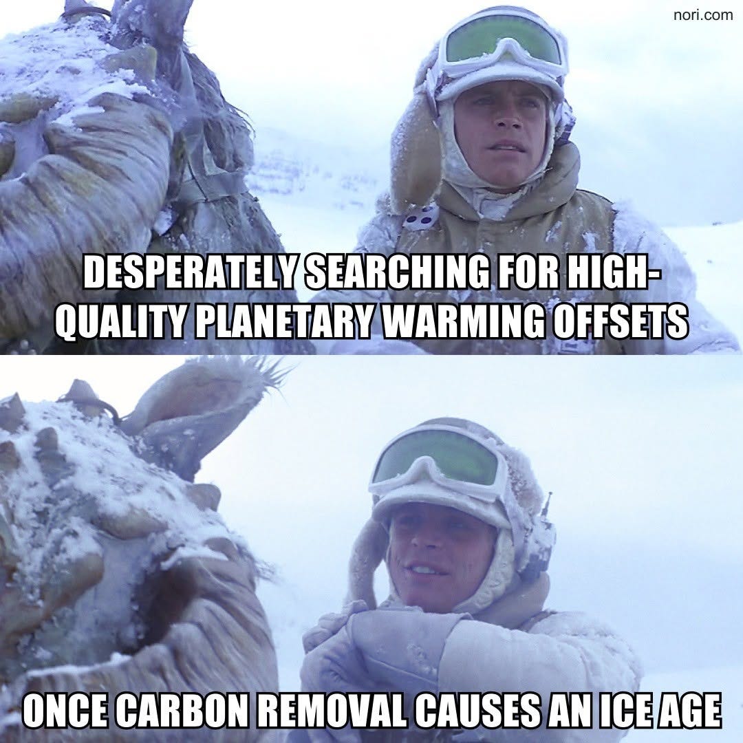 Two stills of Luke Skywalker on Hoth. Top: "Desperately searching for high-quality planetary warming offsets." Bottom: "Once carbon removal causes an ice age."
