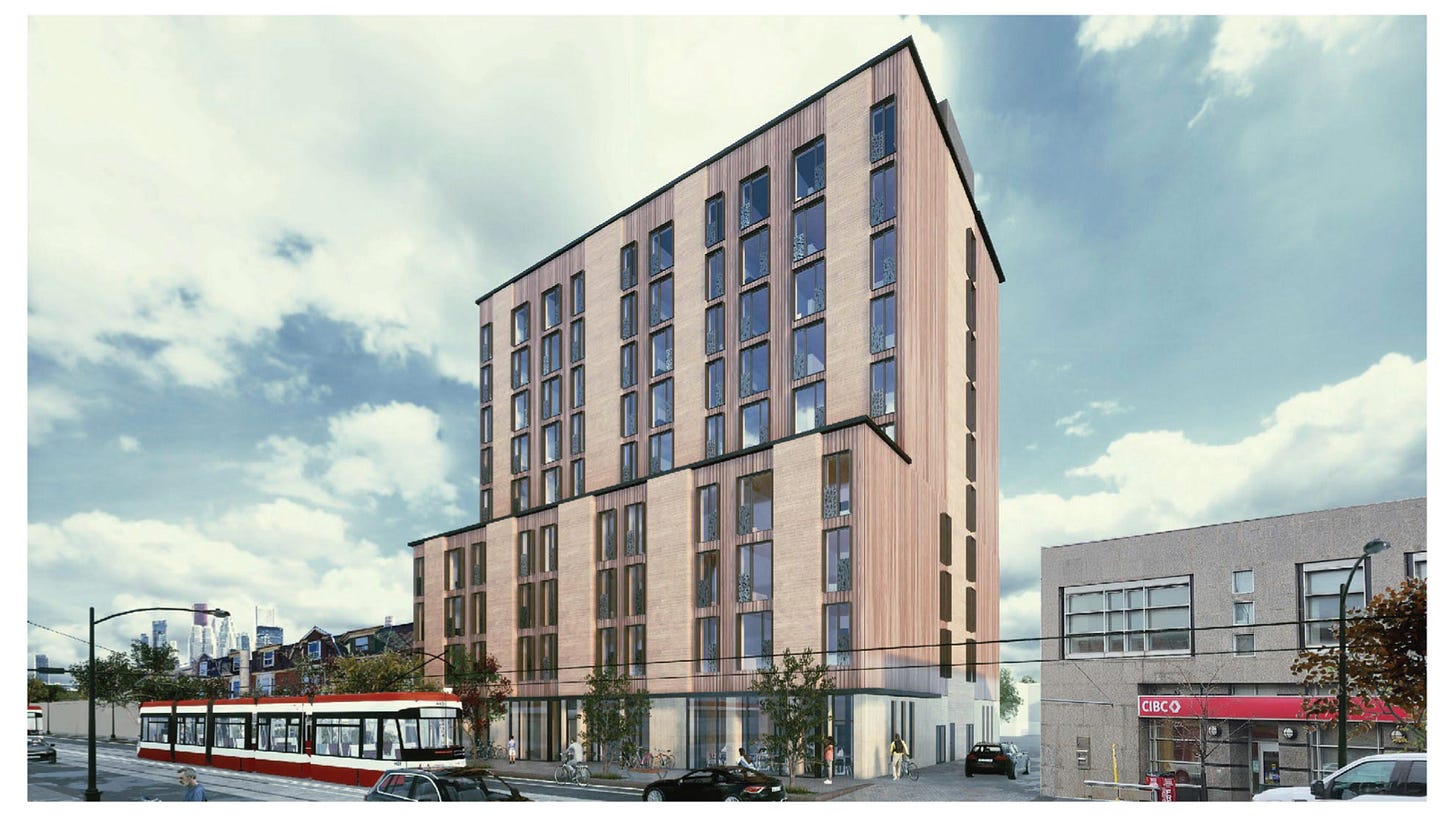 A render of the timber building proposed for Dundas West. Its walls are vertical planks of wood. 