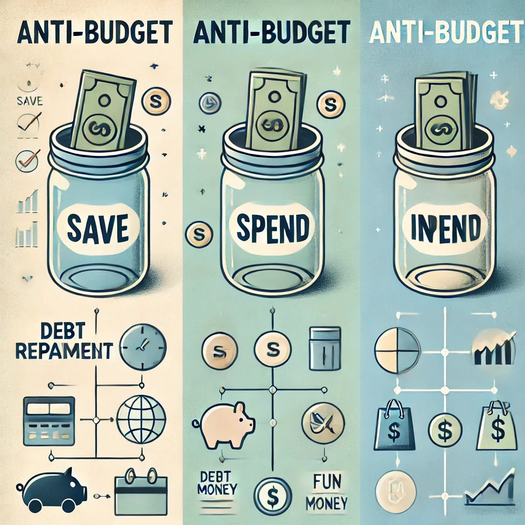 A high-quality professional illustration representing the 'Anti-Budget' budget concept, focusing on financial freedom without traditional spreadsheets. One image features a visual of three jars labeled 'Save,' 'Spend,' and 'Invest' with money being allocated into each jar, surrounded by symbols like a piggy bank, shopping bag, and investment graph. The second image shows a simple financial flow chart with paths leading to key priorities like 'Savings,' 'Debt Repayment,' and 'Fun Money,' set against a calming, minimalist background. Use a clean and modern style with a palette of blues, greens, and warm neutrals to evoke clarity and empowerment.