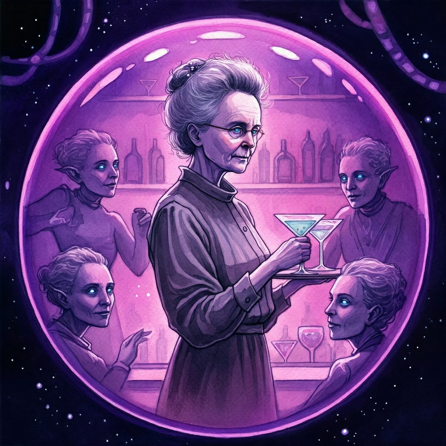 Marie Curie look-a-like as an orb bar maid in purple