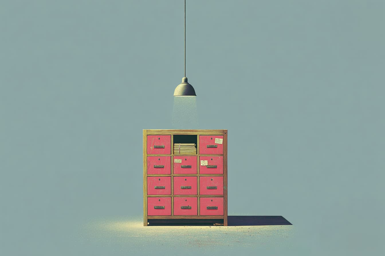 Illustration of a locked filing cabinet under a lamp