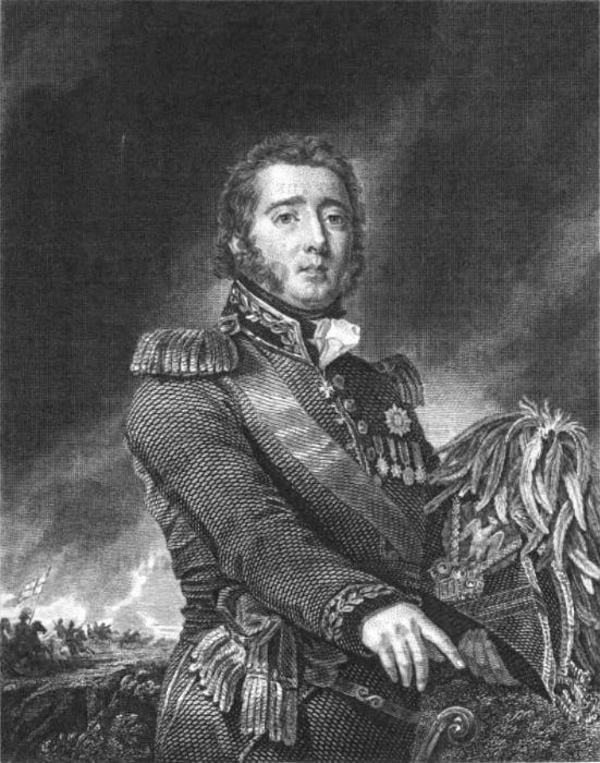 A man in military uniform carrying a hat with feathers on it, points downwards out of the frame. He is standing in front of a dark, dramatic sky, and almost certainly commissioned the image himself