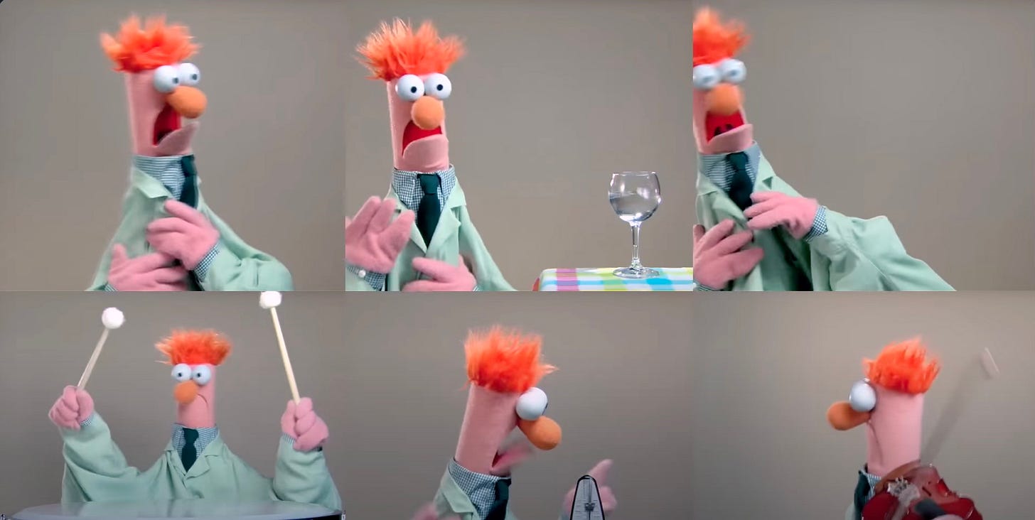 A screenshot of Beaker from the Muppets in a 6 by 2 grid doing different things including playing drums, and the violin, and screaming A screenshot of Beaker from the Muppets in a 6 by 2 grid doing different things including playing drums, and the violin, and screaming