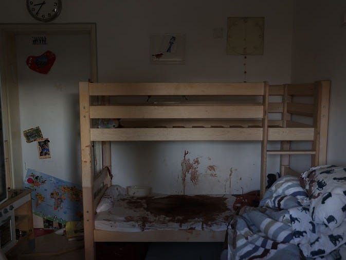 A children room in Nir Oz 15.10.23 with blood marks on the walls. Photo by Ziv Koren A children room in Nir Oz 15.10.23 with blood marks on the walls. Photo by Ziv Koren