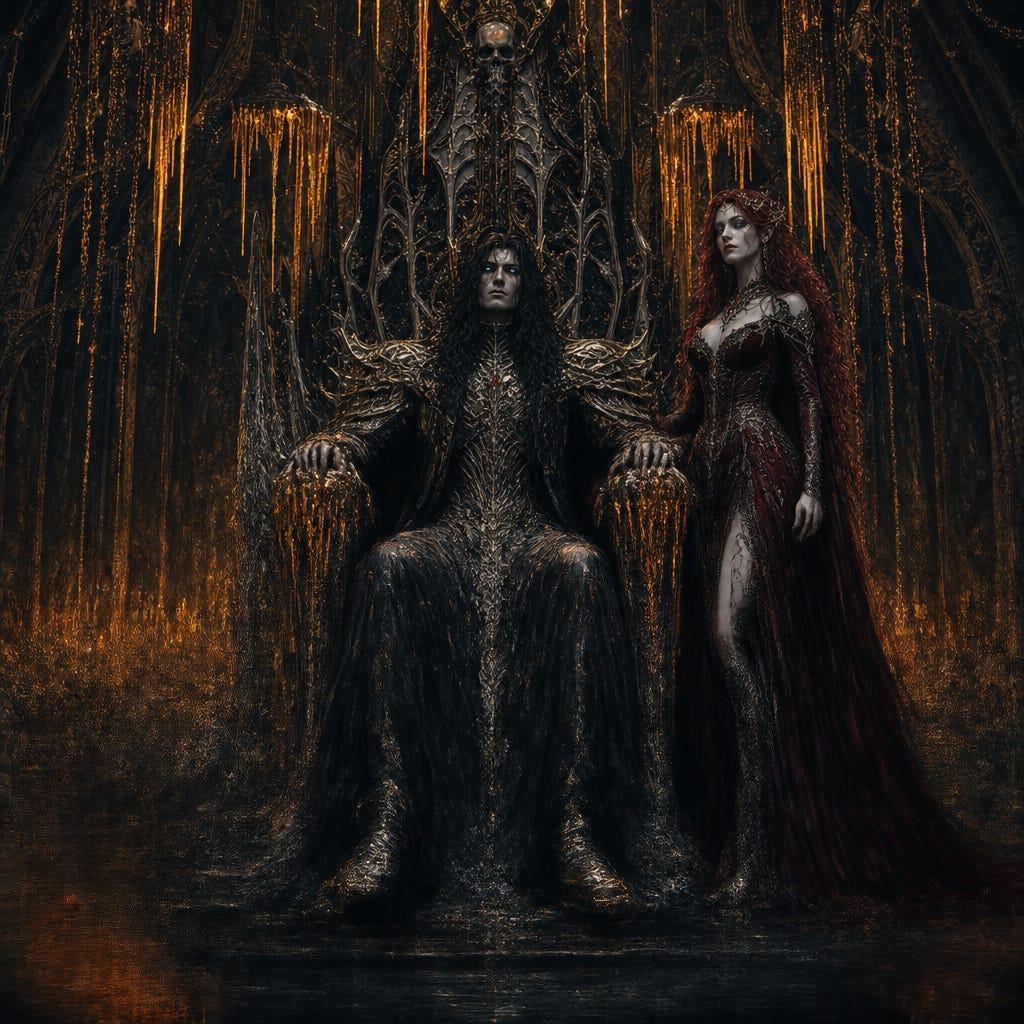 Vampire Ireena Kolyana standing at the right hand of the Amber Temple’s Dream‑Clarion on her obsidian-and-molten‑gold throne, Ireena with blood‑copper hair, crimson‑gray eyes, moon‑pale skin, crimson velvet and black lace attire, Clarion towering with raven‑black hair and steel‑blue blazing eyes, relic‑bone armor, molten amber light dripping from ceiling, god‑bone architecture, fully original faces
