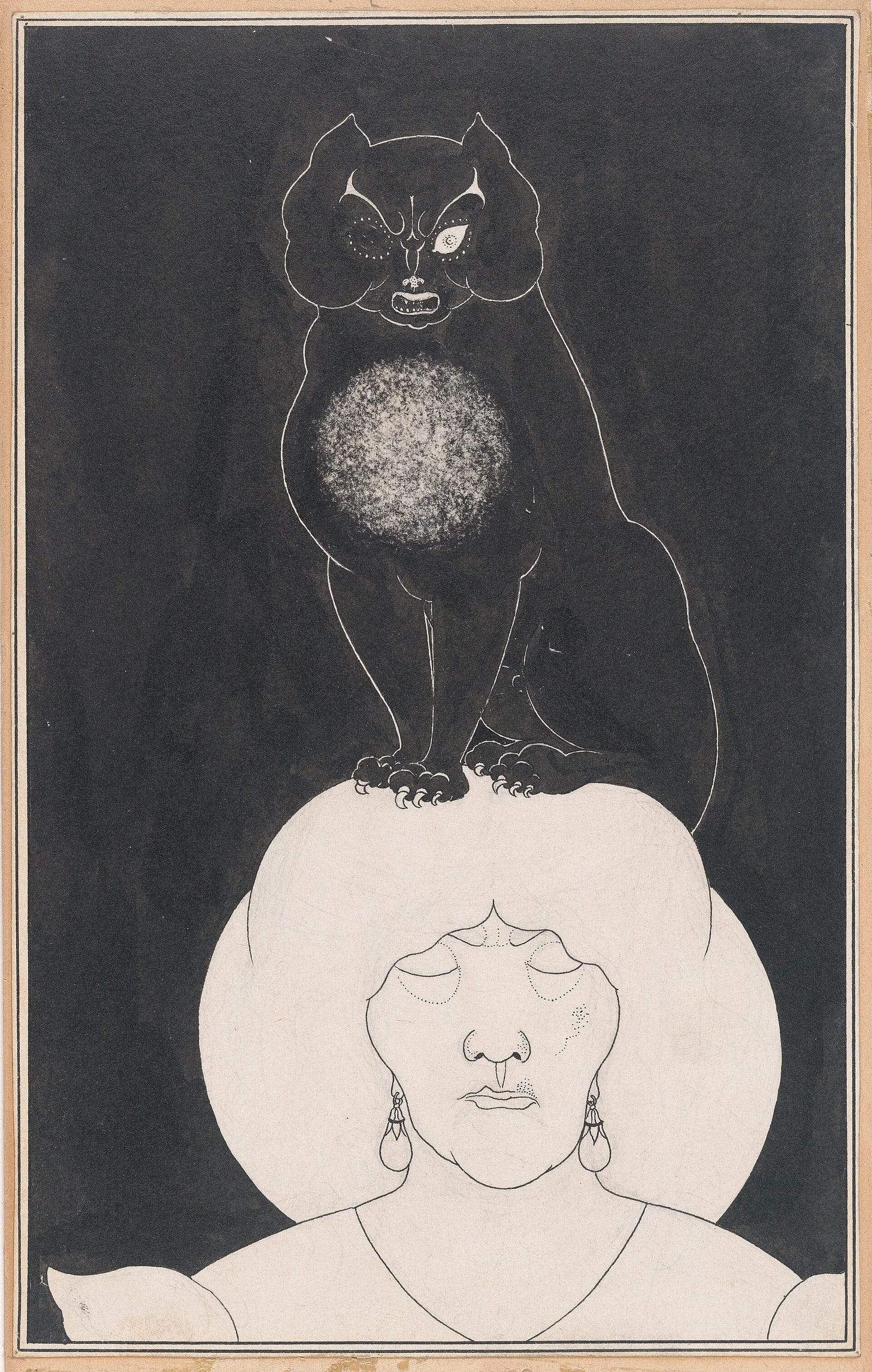 A black and white ink drawing of a black cat with one glaring eye and bared teeth, standing on the head of a pale dead woman whose eyes are closed, set against a solid black ground. A black and white ink drawing of a black cat with one glaring eye and bared teeth, standing on the head of a pale dead woman whose eyes are closed, set against a solid black ground.