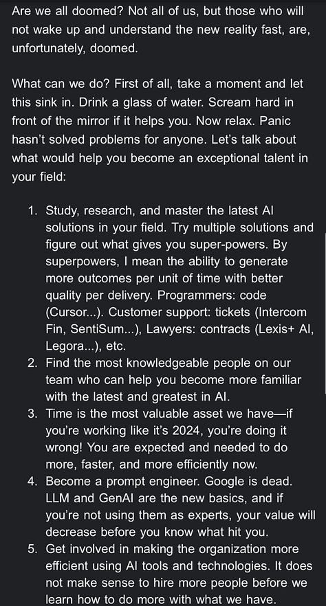 The images are screenshots of an X post by Micha Kaufman talking about his vision for how AI will impact the workplace.