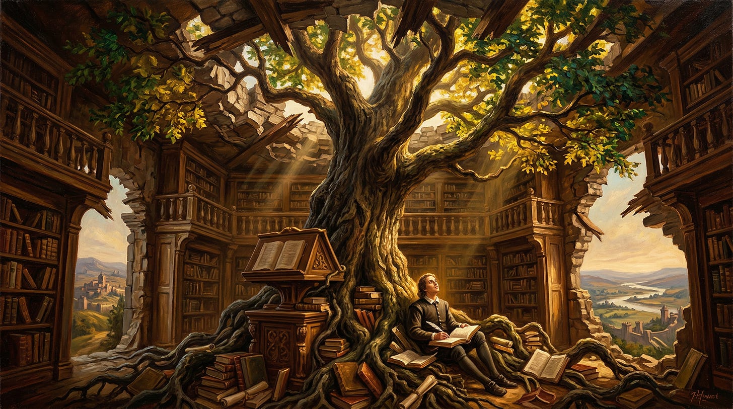 A person sitting beneath a massive tree growing through an old library, surrounded by books and golden sunlight streaming through the branches, symbolizing knowledge growing from curiosity