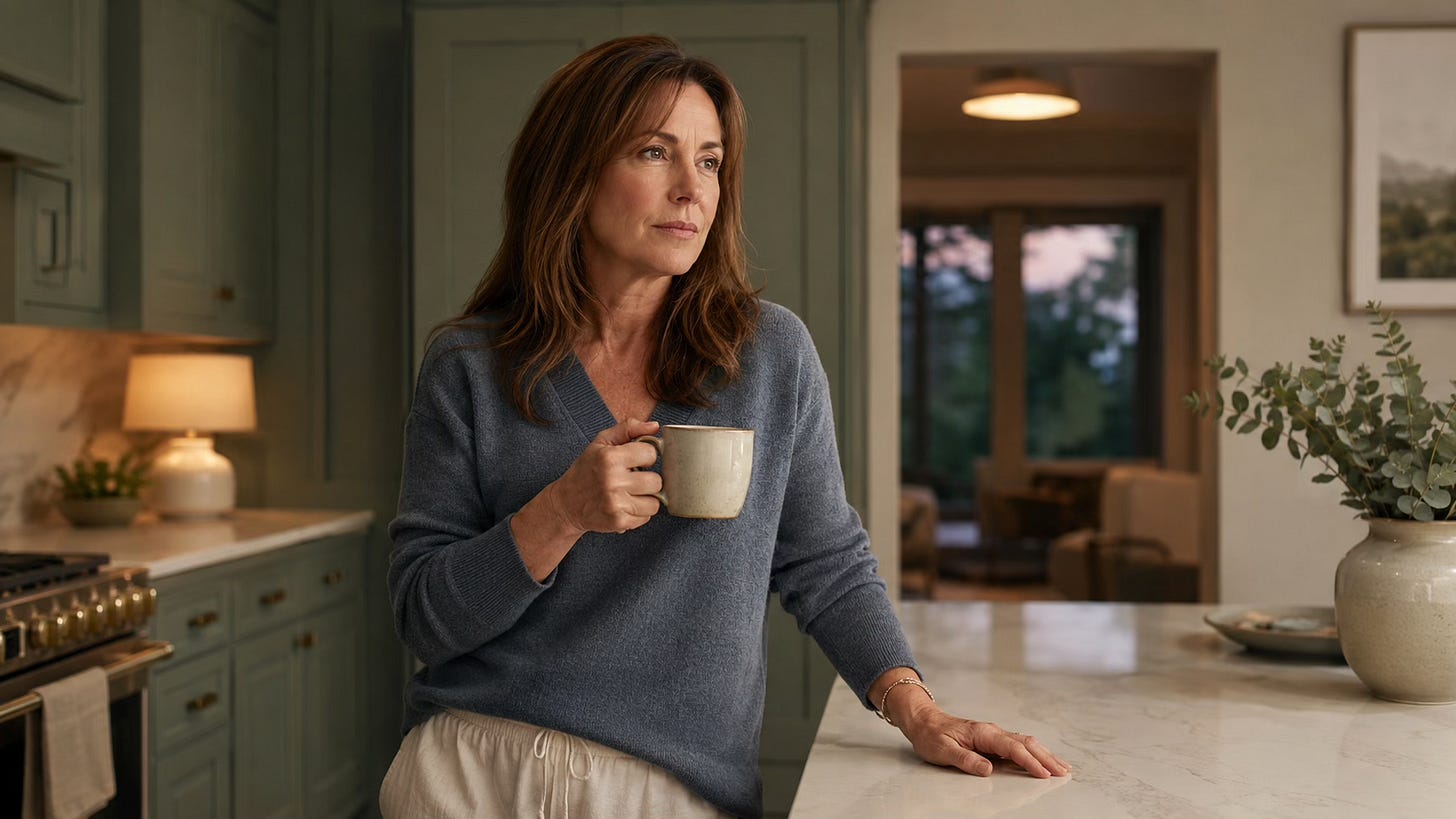 Woman standing at a kitchen counter in soft evening light, holding a mug and looking quietly tired after a full day.