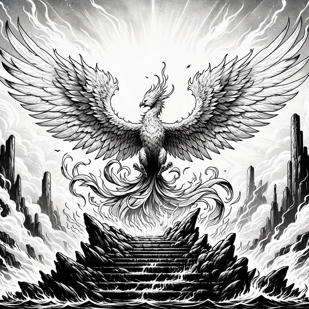 Illustration of a monochrome scene depicting a majestic phoenix rising from the ashes, spreading its grand wings.