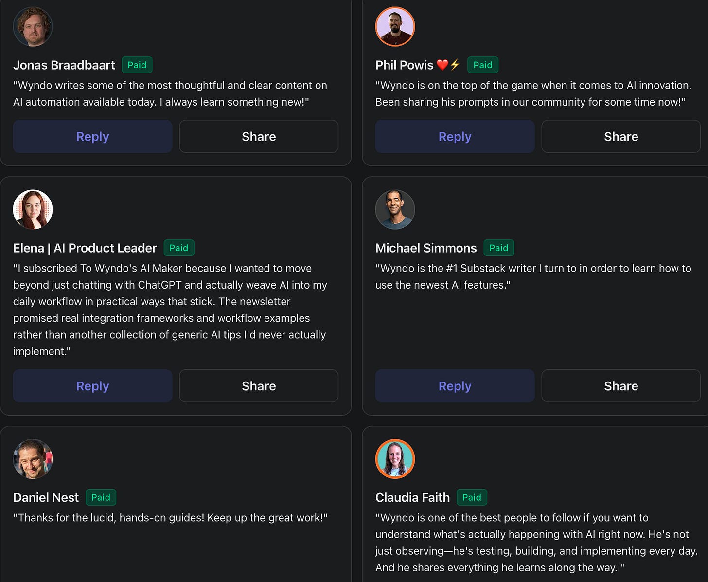 Six paid subscriber testimonials for The AI Maker from Jonas Braadbaart, Phil Powis, Elena (AI Product Leader), Michael Simmons, Daniel Nest, and Claudia Faith praising the newsletter's practical AI workflows, implementation frameworks, and hands-on guides