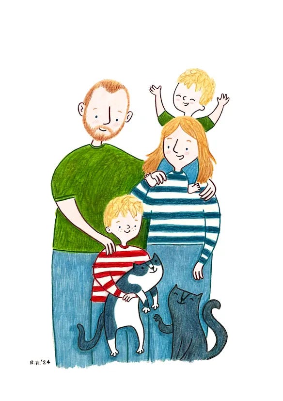 A gallery of cartoon illustrations showing various pets, grandparents, parents, and children smiling, holding hands, and hugging