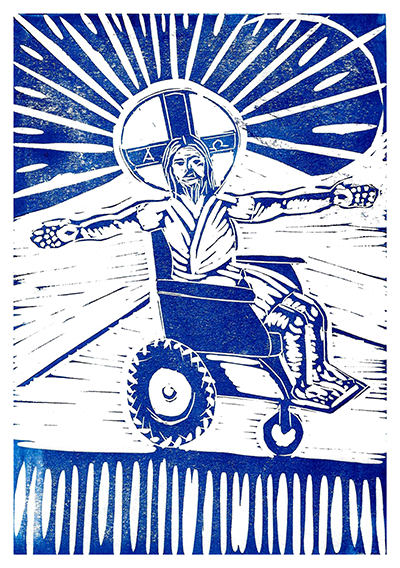 Ink drawing of Jesus rolling down a street in a wheelchair, arms extended outward and a radiant halo behind his head