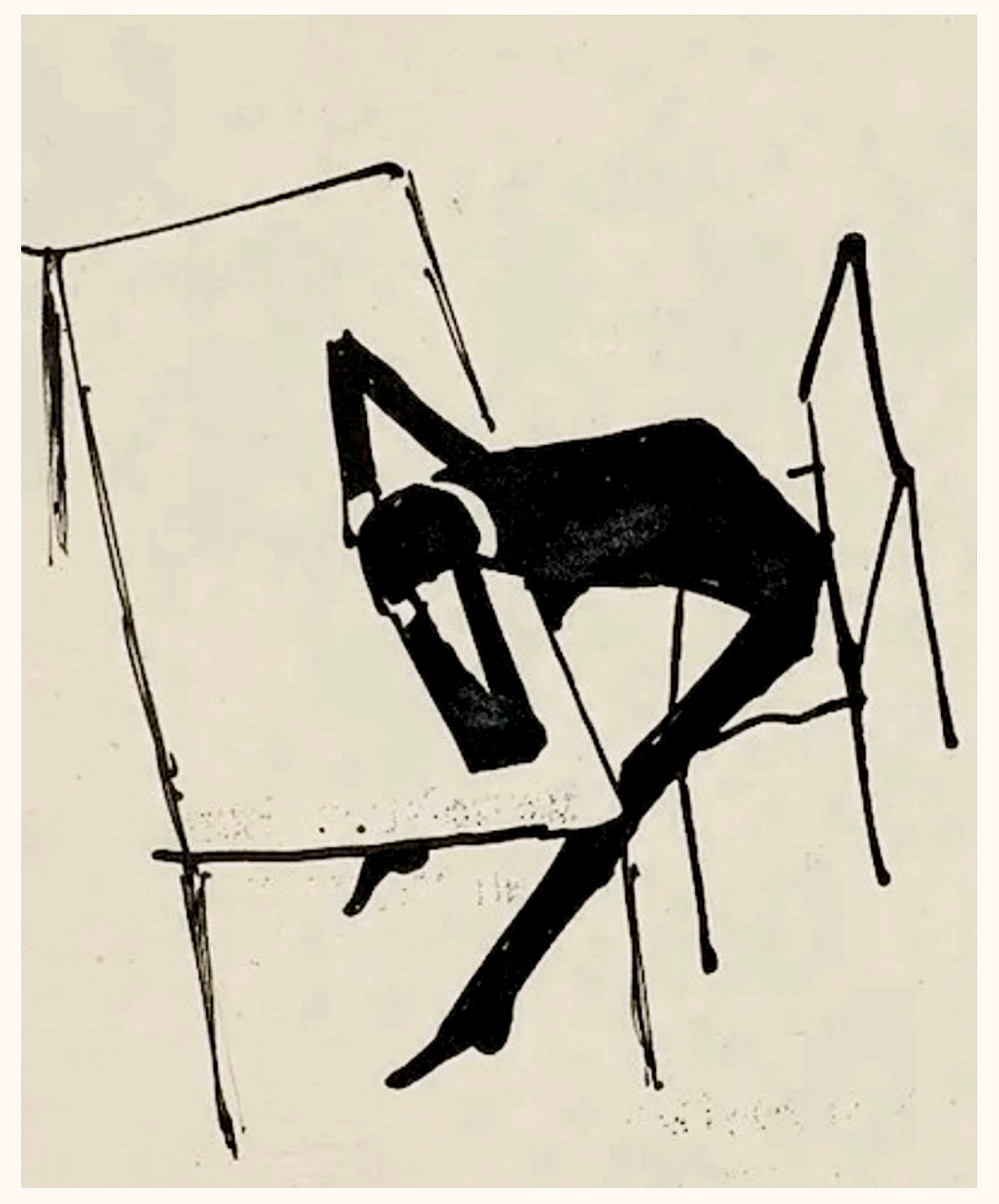 Franz Kafka’s ink drawing of a man on a chair, slumped over a table with his head down on his arms. Franz Kafka’s ink drawing of a man on a chair, slumped over a table with his head down on his arms.