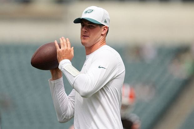 Quarterback Tanner McKee of the Philadelphia Eagles warms up before a preseason game against the Cleveland Browns at Lincoln Financial Field on Aug. 16, 2025, in Philadelphia. (Mitchell Leff/Getty Images) Quarterback Tanner McKee of the Philadelphia Eagles warms up before a preseason game against the Cleveland Browns at Lincoln Financial Field on Aug. 16, 2025, in Philadelphia. (Mitchell Leff/Getty Images)