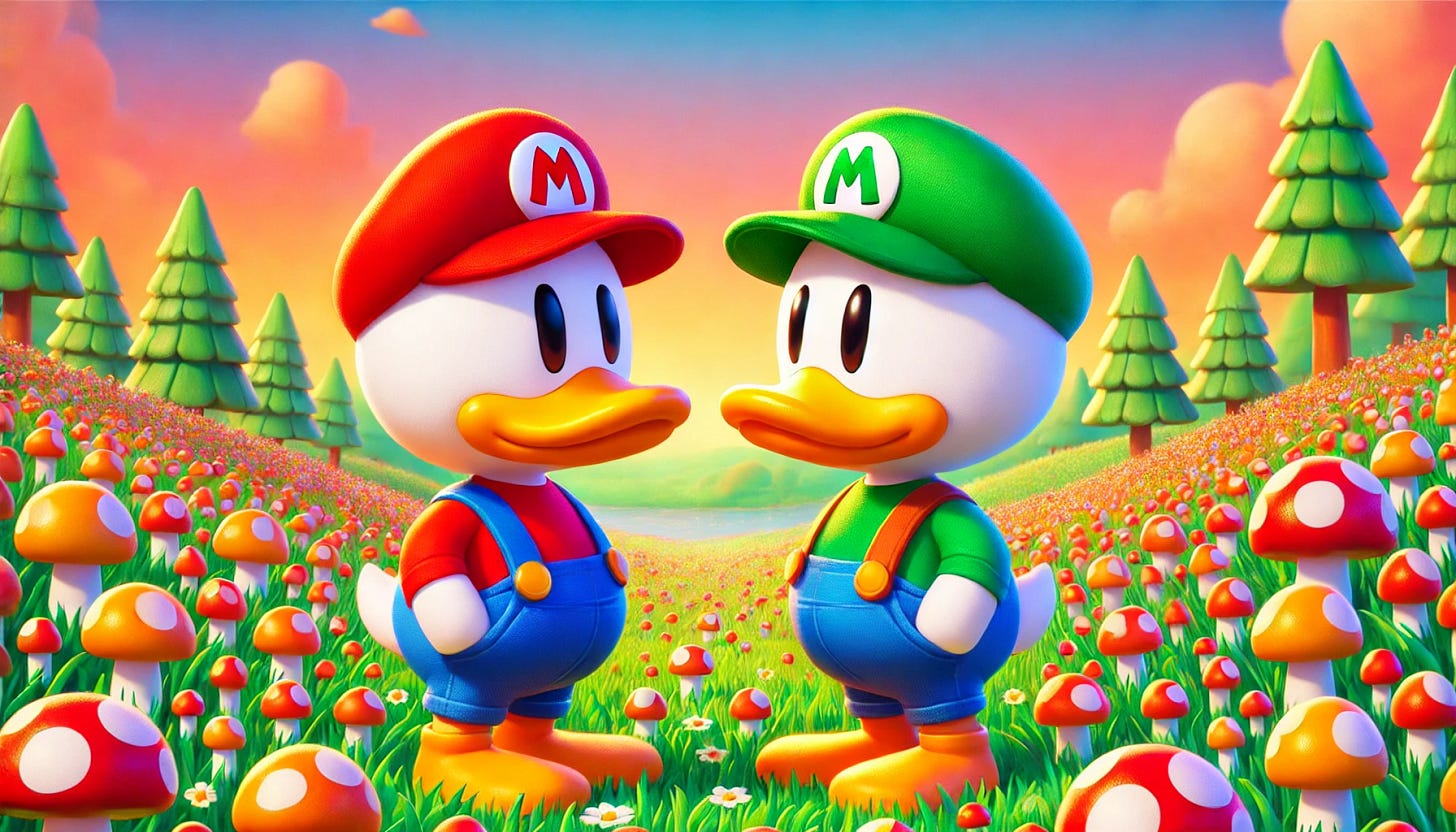 A colorful landscape with two cartoon ducks standing and facing each other. Both ducks are wearing blue overalls. The first duck on the left has a red shirt, a black mustache, and a red hat with the letter 'M' on it. The second duck on the right has a green shirt, a brown mustache, and a green hat with the letter 'L' on it. They are standing in a vibrant field filled with red-and-white mushrooms, creating a fun and whimsical scene.