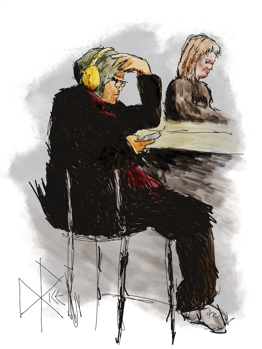 Patrons of a coffee shop sit at tall stools as they direct their attention to their mobile phones. Sketch art by Don Rice.