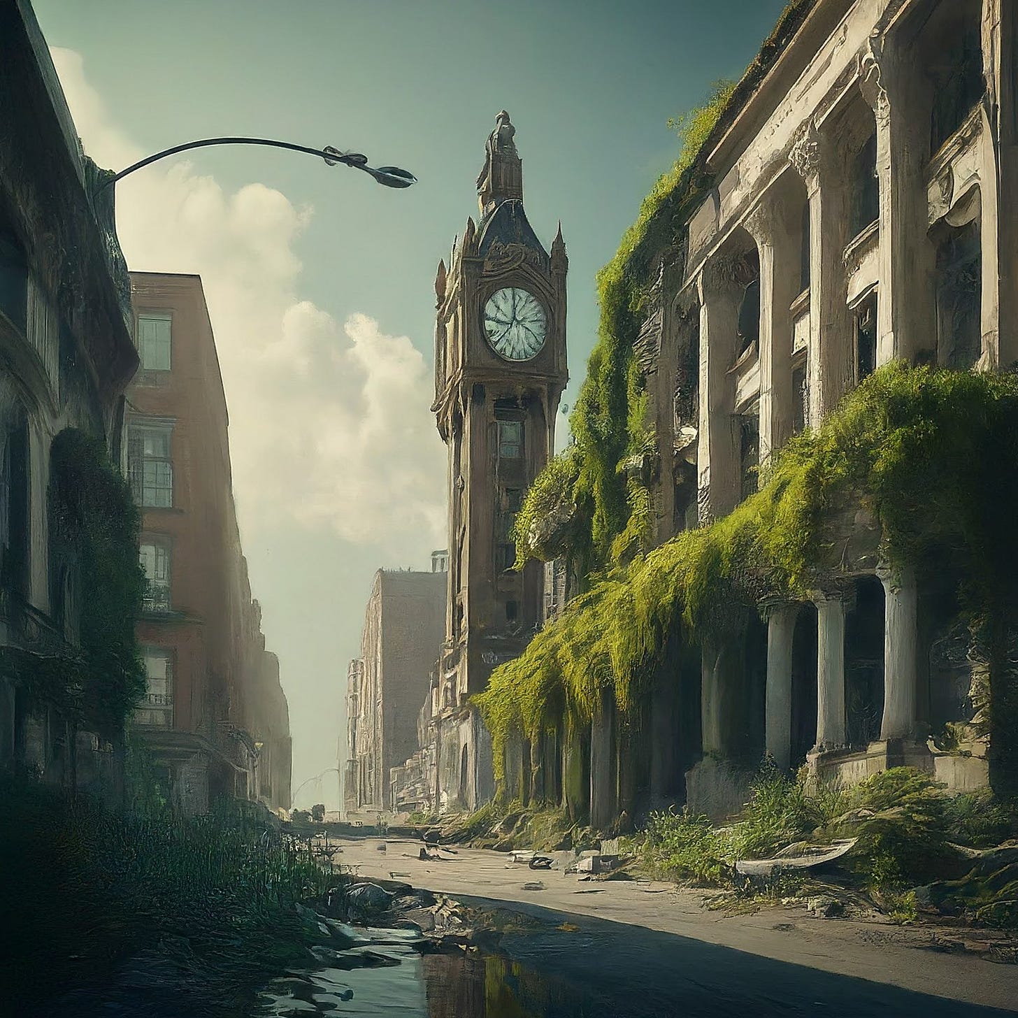An empty mossy street surrounded by buildings with a clock tower visible near the end of the street.