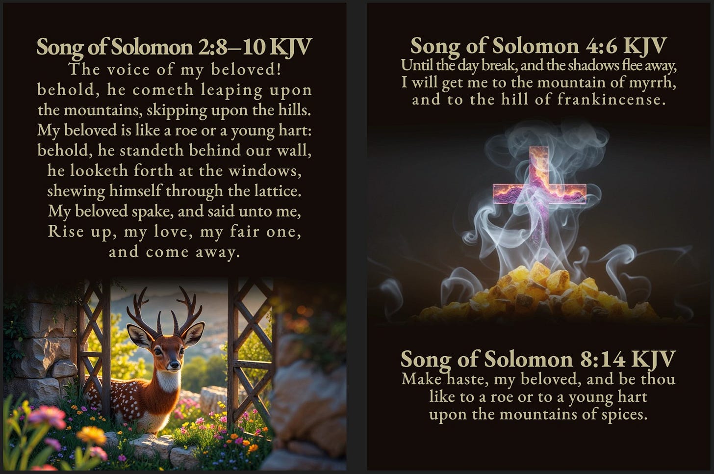A two-panel card design featuring verses from the Song of Solomon. The left panel displays Song of Solomon 2:8–10 KJV above an image of a young stag with antlers peering through a lattice gate in a flowery garden. The right panel shows Song of Solomon 4:6 and 8:14 KJV, framing a central image of a cosmic-patterned cross formed from smoke rising from a pile of glowing frankincense resin.