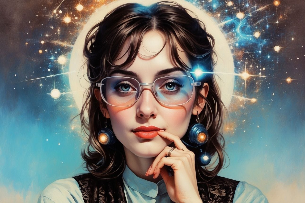 A woman in a spacey environment looks directly and contemplatively at the viewer