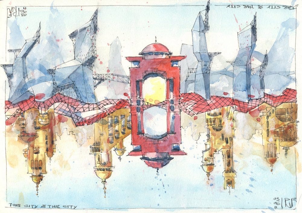 An illustration of the world of The City & The City, showing one cityscapoe mirrored unspide-down against another, each architecturally very different.