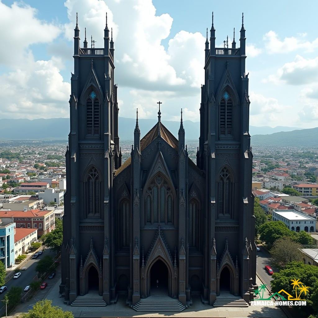 A stunning gothic church in the heart of Kingston, Jamaica, with a unique design featuring bold, protruding square elements. The church's dark, imposing structure stands tall against the urban backdrop of the city, contrasting sharply with the vibrant streets and buildings around it. Its towering, square spires rise above the surrounding landscape, casting long shadows over the bustling city. The design is characterized by sharp angles, angular windows, and jagged arches, creating a sense of mystery and grandeur. The atmosphere is dramatic and intense, with the deep black stone contrasting against Kingston’s warm, sunny climate, blending the gothic style with the urban Caribbean energy.