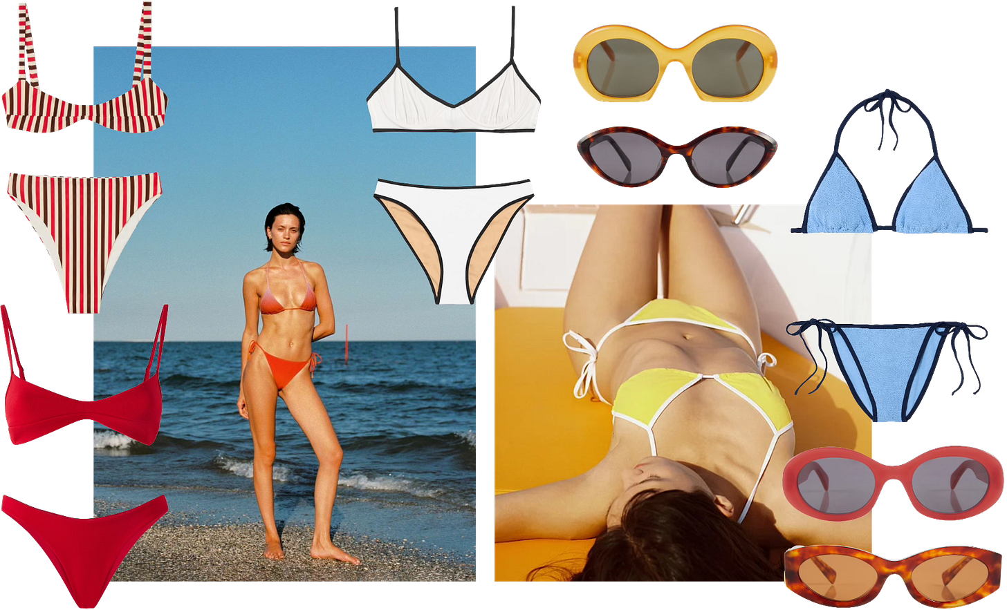 Collage of colorful vintage bikinis featuring balconette and triangle tops and sunglasses in bright shades, inspired by 60s and 70s swimwear styles. Collage of colorful vintage bikinis featuring balconette and triangle tops and sunglasses in bright shades, inspired by 60s and 70s swimwear styles.