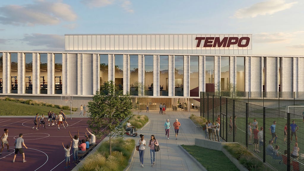 Rendering of the proposed Toronto Tempo practice facility at Exhibition Place. The building is pictured adjacent to a public basketball court. Rendering of the proposed Toronto Tempo practice facility at Exhibition Place. The building is pictured adjacent to a public basketball court.