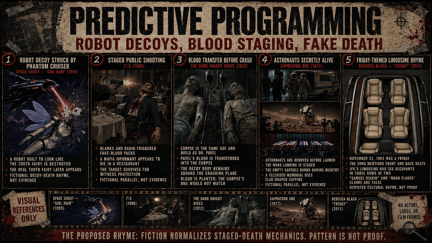 Predictive-programming parallels — robot decoys, blood staging, and fake death