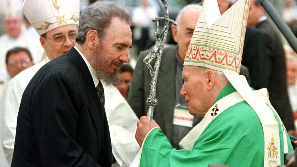 Pope John Paul II greets Cuban President Fidel Castro at the end of Mass in the Plaza of the Revolution in Havana, January 25, 1998. Pope John Paul II greets Cuban President Fidel Castro at the end of Mass in the Plaza of the Revolution in Havana, January 25, 1998.