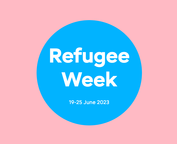 blue circle on pink background, text reads 'Refugee Week 19-25 June 2023'