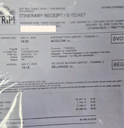Exhibit evidence #1 – Air Serbia itinerary receipt: This itinerary receipt shows Air Serbia flight JU-131 from Moscow Sheremetyevo Terminal C to Belgrade on 21 January 2026, establishing movement along the Moscow–Belgrade corridor less than three weeks before the Drenas stop. — Exhibit evidence #2 – Boarding pass JU-131: The boarding pass, stamped 21.01.2026, lists Zone 1 and seat 24A, confirming physical presence on the Moscow–Belgrade route central to the chronology examined in this report. — Exhibit evidence #3 – Flight schedule confirmation: The flight documentation records a 14.00 departure and identifies the service as “Operated by AirSERBIA,” reinforcing consistency between itinerary and boarding material. Payment conditions note: The voucher states “No prepayment is needed,” routine language that nonetheless confirms secured accommodation in the Serbian capital immediately preceding the Drenas incident.
