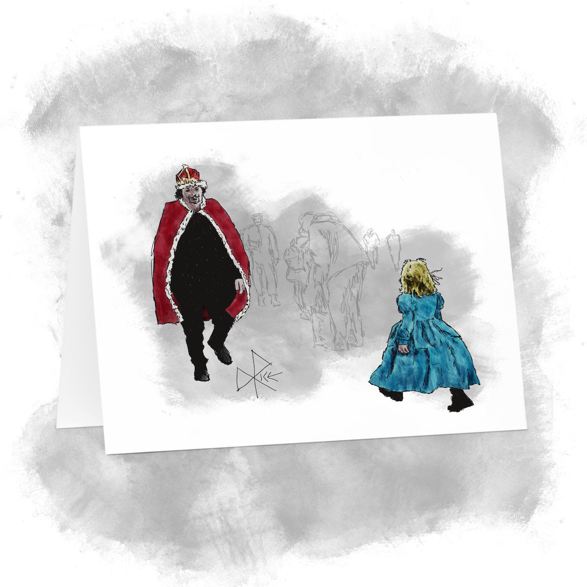 A young girl dressed as a princess walks briskly towards her father, who is dressed as a king. Sketch art by Don Rice. A young girl dressed as a princess walks briskly towards her father, who is dressed as a king. Sketch art by Don Rice.