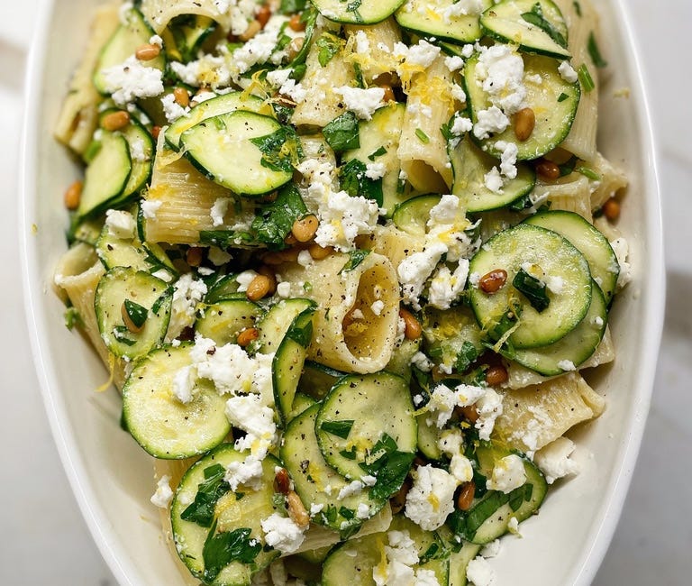 Rigatoni with Raw Marinated Zucchini, Lemon, Feta, Pine Nuts & Mint (or Basil or Parsley)