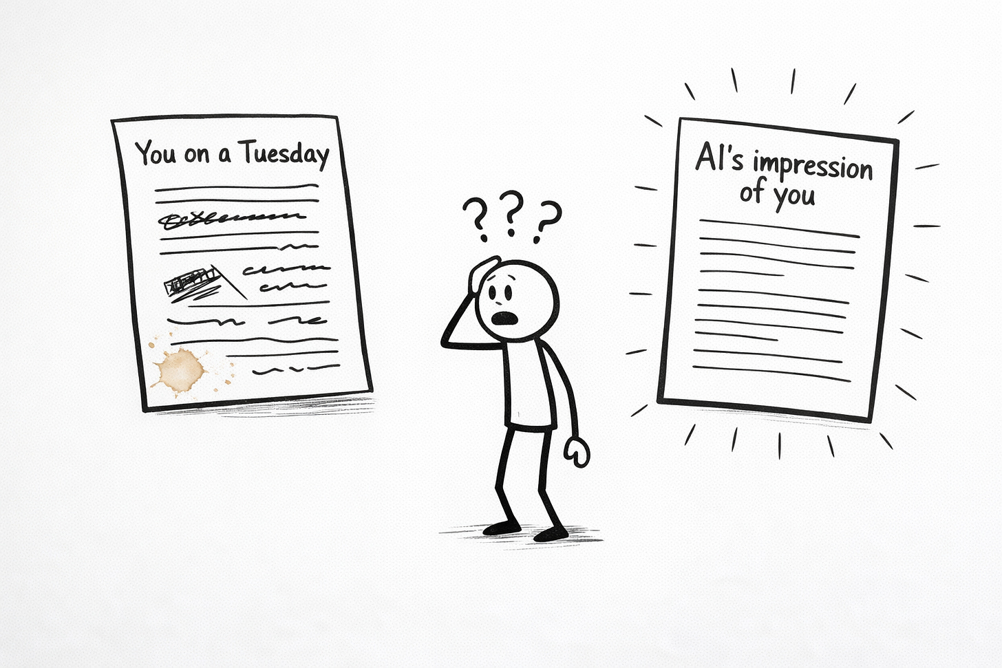 Simple black-and-white sketch of a stick figure comparing two documents: a messy coffee-stained page labeled “You on a Tuesday” and a pristine glowing page labeled “AI’s impression of you,” with existential question marks above the stick figure.
