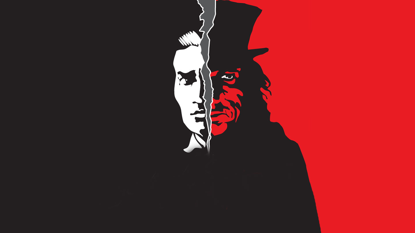 Illustration of a man's face partitioned in two by the rip of the page - one half on white over a black background, another half on black over a red background Illustration of a man's face partitioned in two by the rip of the page - one half on white over a black background, another half on black over a red background
