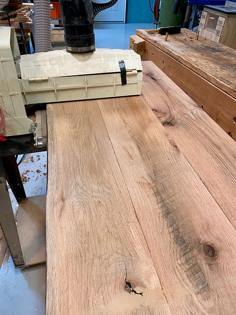 Oak sawn with a track saw, clamped together, and stained.