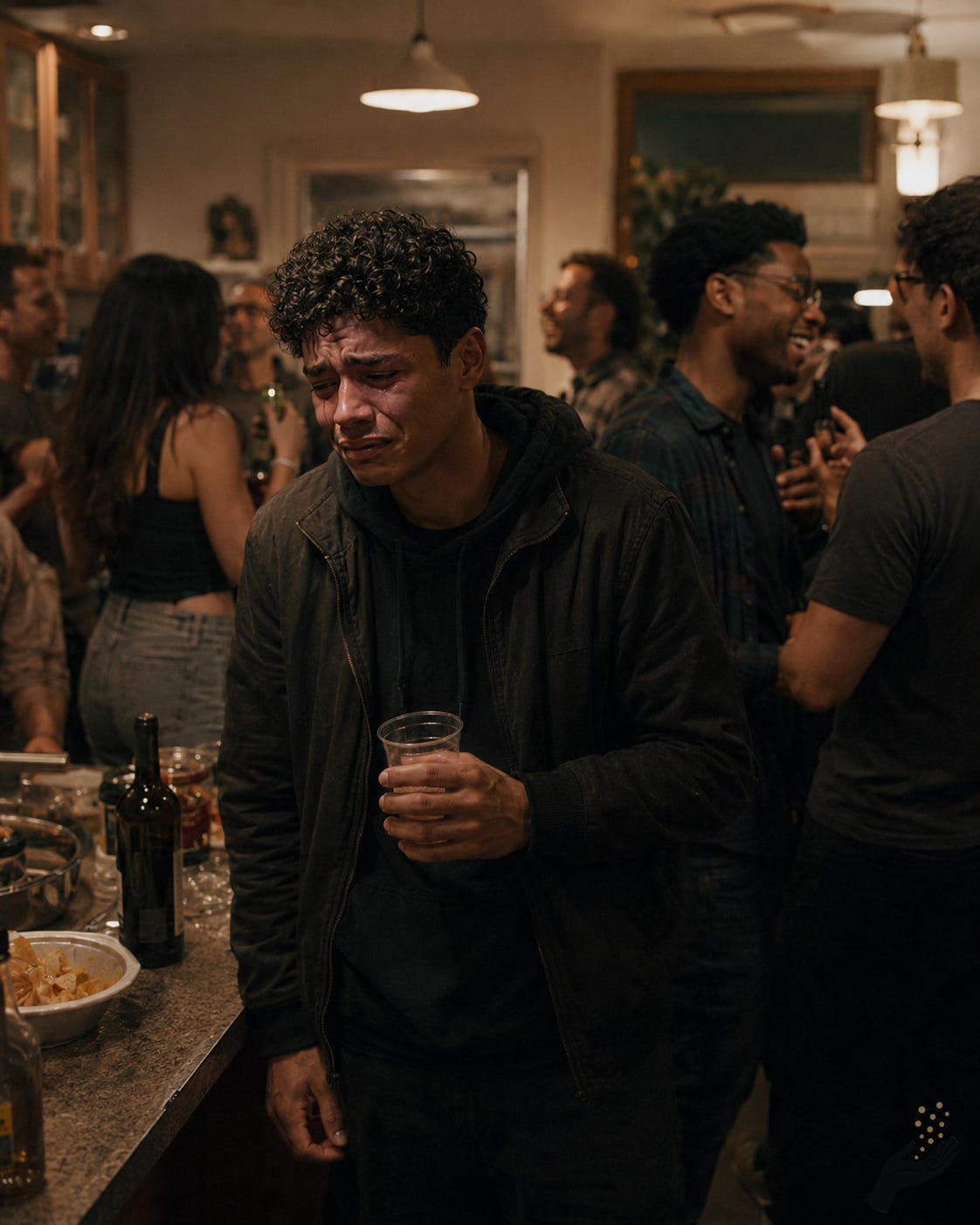 A young man stands in a crowded apartment kitchen during a party, crying while holding a plastic cup. Adults talk and laugh in the background, with bottles, snacks, counters, warm lights, and kitchen clutter around him.