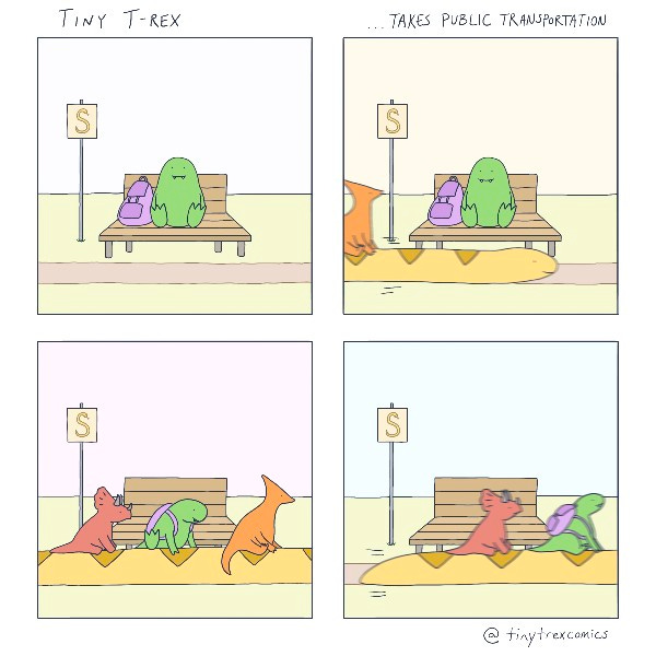 Tiny T-Rex waits on a bench at a bus stop next to a purple backpack. A snake glides to a stop carrying tiny dinosaurs. Tiny T-Rex hops on between a tiny duck-billed dinosaur and a tiny triceratops. The snake zooms off.