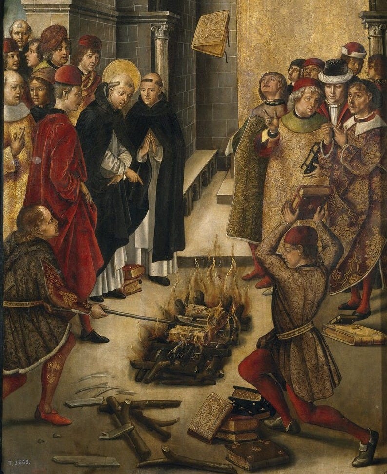 A 15th-century Spanish Renaissance painting showing men in historical robes gathering around a bonfire, tossing books into the flames. In the center, one book appears to float miraculous above the fire unharmed.
