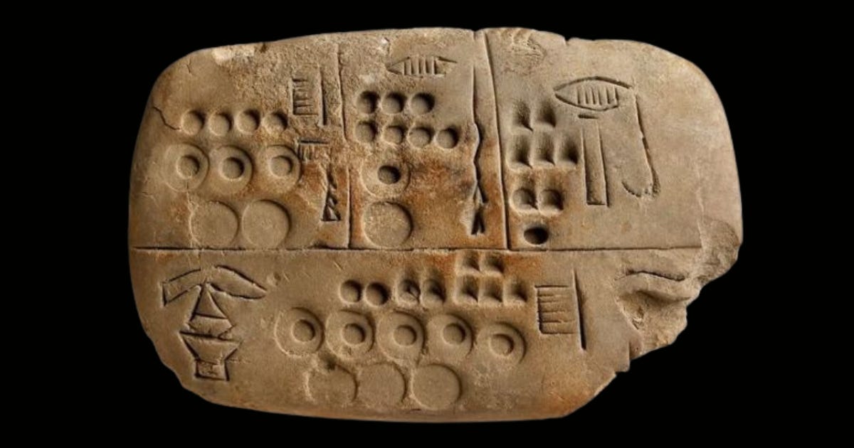 This Sumerian tablet (3200–2900 BCE) records the calculation of five fields, dividing the land: 2/3 for the EN (“lord”), the rest split among others.