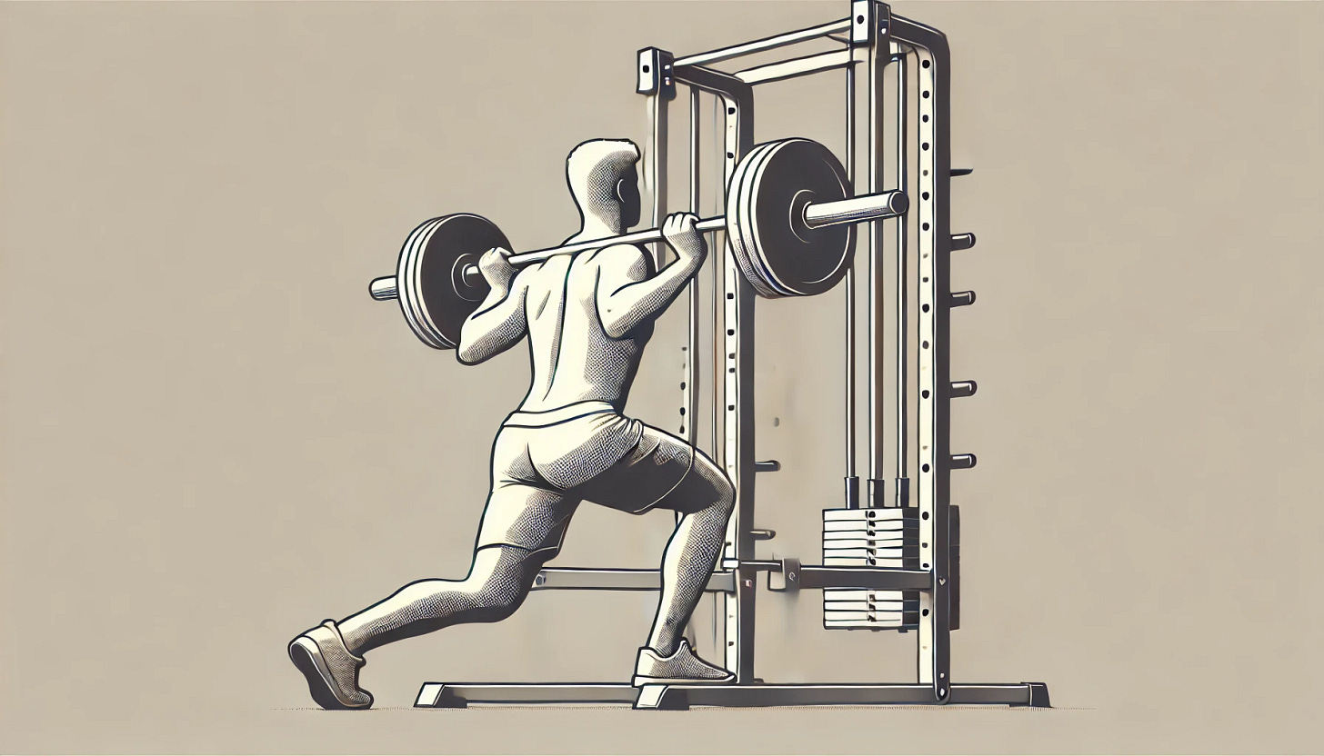 A minimalist image of a person performing a static lunge on a Smith machine. The person should be in a clean and simple form, with one foot forward and the other back, holding the barbell on their shoulders within the Smith machine. The person should be wearing simple workout clothes. Both feet should be in contact with the ground. The Smith machine should be indicated with simple lines and structure. The background should be neutral and uncluttered, using neutral tones to highlight the movement and form. Avoid any additional elements, labels, text, pastel, and neon colors. A minimalist image of a person performing a static lunge on a Smith machine. The person should be in a clean and simple form, with one foot forward and the other back, holding the barbell on their shoulders within the Smith machine. The person should be wearing simple workout clothes. Both feet should be in contact with the ground. The Smith machine should be indicated with simple lines and structure. The background should be neutral and uncluttered, using neutral tones to highlight the movement and form. Avoid any additional elements, labels, text, pastel, and neon colors.