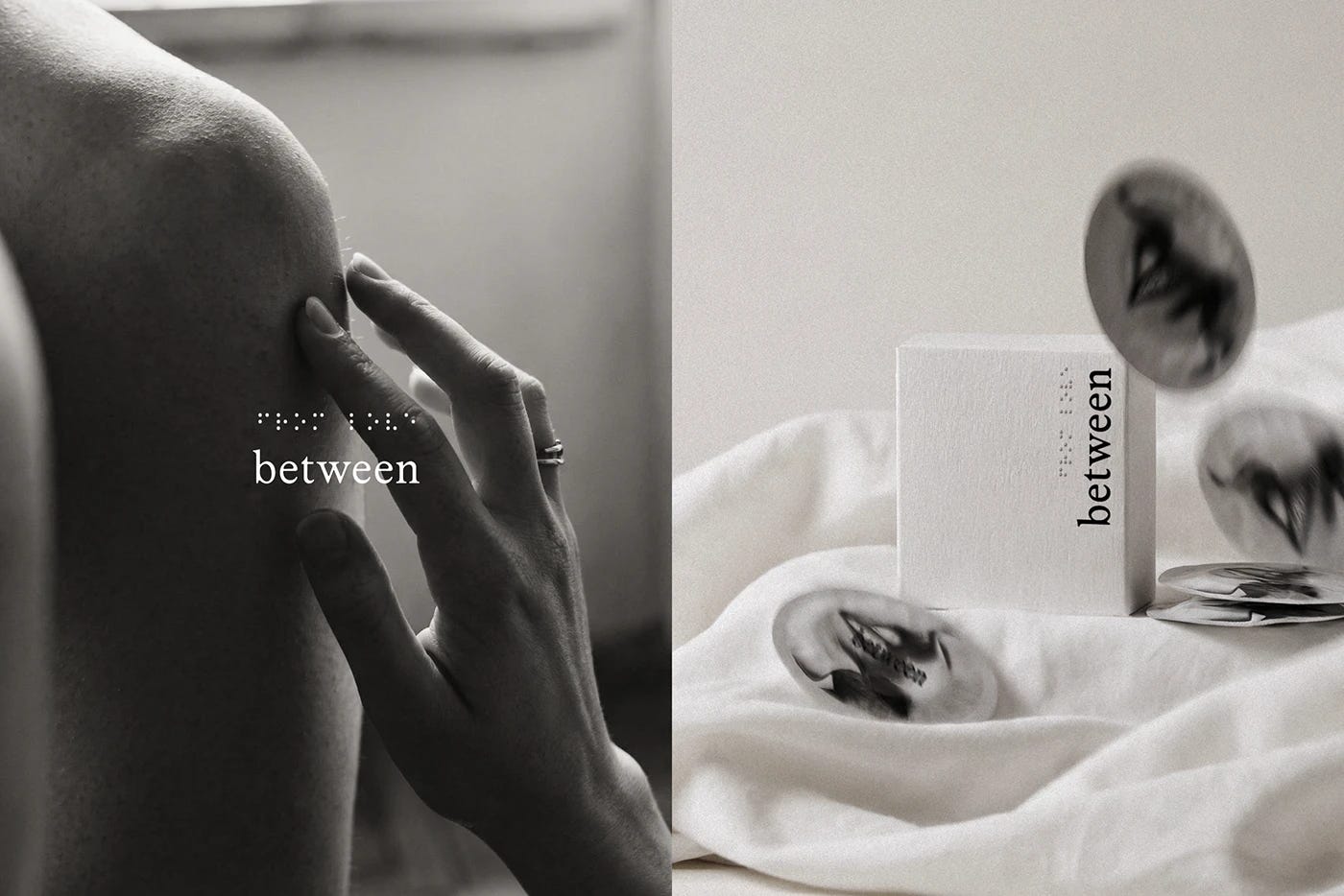 between brand identity braille-inspired logo and packaging on white background