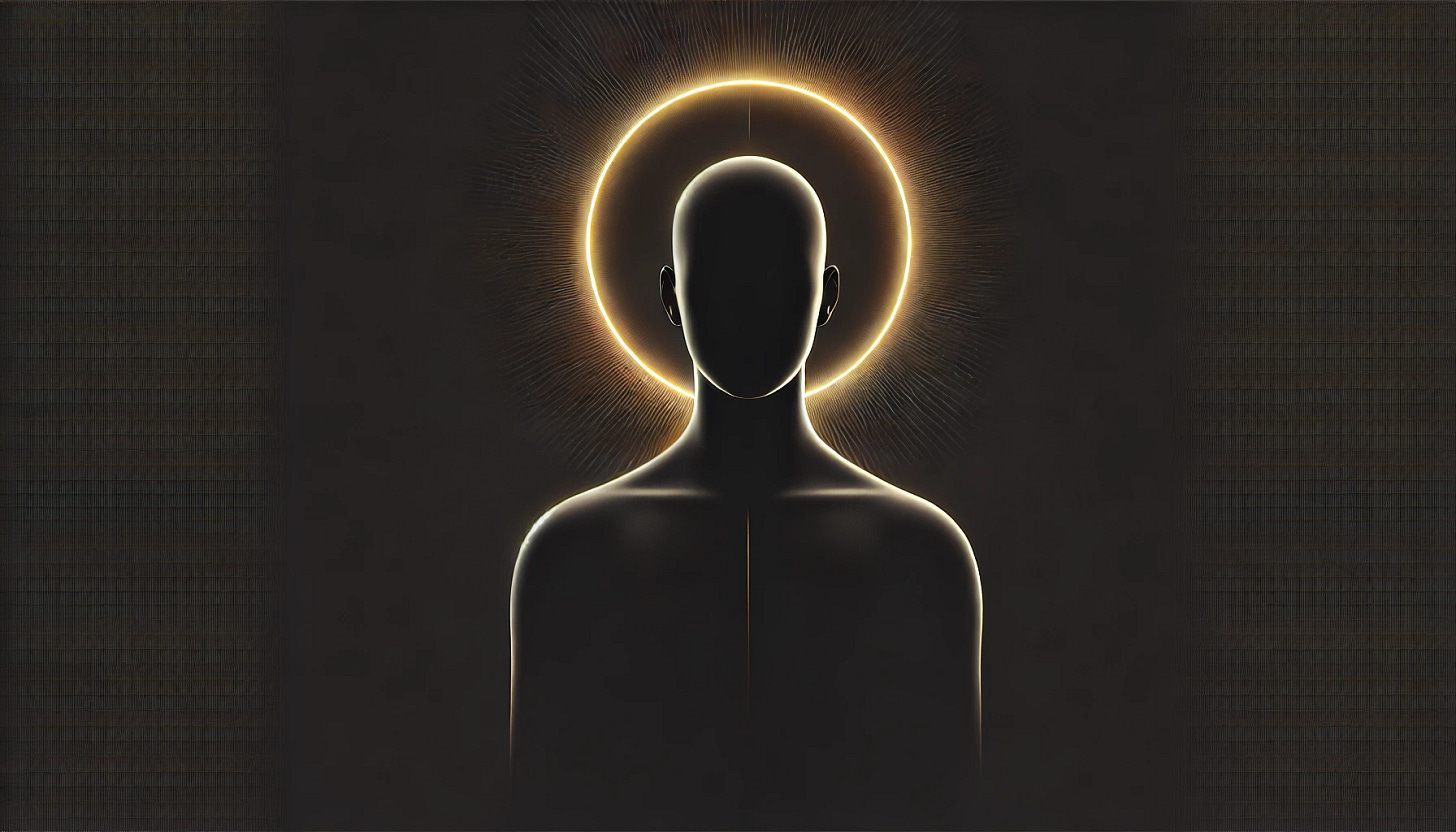 A minimalist digital artwork in wide format depicting the silhouette of a human figure with a glowing golden halo around its head. The background is completely black, creating a stark contrast with the luminous halo. The silhouette is gender-neutral, sleek, and modern, either fully black or subtly outlined with a thin, luminous contour. The halo shines brightly, symbolizing authenticity and enlightenment in the digital void. The composition is slightly off-center for a dynamic effect, evoking depth and mystery. The image is abstract, inspiring, and conceptual, with no additional elements for a pure minimalist aesthetic.