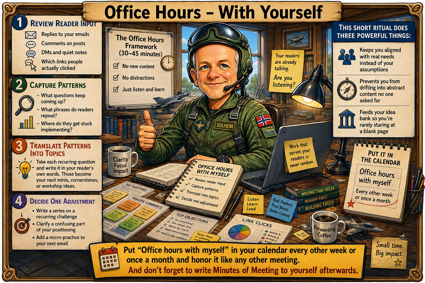 Alt text: Illustrated caricature-style infographic titled “Office Hours – With Yourself.” A smiling military pilot in a green flight suit sits at a desk in a cozy office, giving a thumbs-up while reviewing notes and reader feedback. Around him are panels outlining a four-step office-hours framework: reviewing reader input, capturing patterns, translating patterns into content ideas, and deciding one adjustment. His notebook is labeled “Office Hours With Myself,” and a nearby calendar reminds him to schedule office hours every other week or once a month. The office contains aviation-themed details, books, charts, a laptop, and sticky notes with messages about listening to readers and building trust. A sidebar highlights three benefits of the ritual: staying aligned with reader needs, avoiding abstract content, and maintaining a steady flow of ideas. The illustration emphasizes regular reflection, audience listening, and sustainable content creation. Alt text: Illustrated caricature-style infographic titled “Office Hours – With Yourself.” A smiling military pilot in a green flight suit sits at a desk in a cozy office, giving a thumbs-up while reviewing notes and reader feedback. Around him are panels outlining a four-step office-hours framework: reviewing reader input, capturing patterns, translating patterns into content ideas, and deciding one adjustment. His notebook is labeled “Office Hours With Myself,” and a nearby calendar reminds him to schedule office hours every other week or once a month. The office contains aviation-themed details, books, charts, a laptop, and sticky notes with messages about listening to readers and building trust. A sidebar highlights three benefits of the ritual: staying aligned with reader needs, avoiding abstract content, and maintaining a steady flow of ideas. The illustration emphasizes regular reflection, audience listening, and sustainable content creation.