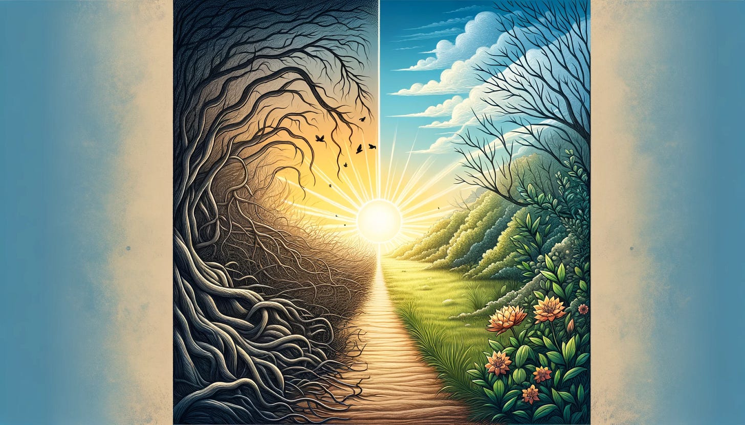 Create a horizontal illustration that symbolizes the journey of overcoming cognitive distortions, featuring a serene landscape transitioning from a tangled, thorny underbrush on the left to a clear, open path leading towards a bright, rising sun on the right. The left side should depict confusion and struggle, with dark, dense foliage, while the right side represents clarity and enlightenment, with the path becoming smoother and the environment more open and illuminated by the sunlight. Include symbolic elements like flowers blooming along the cleared path to signify growth and renewal, all without any text.