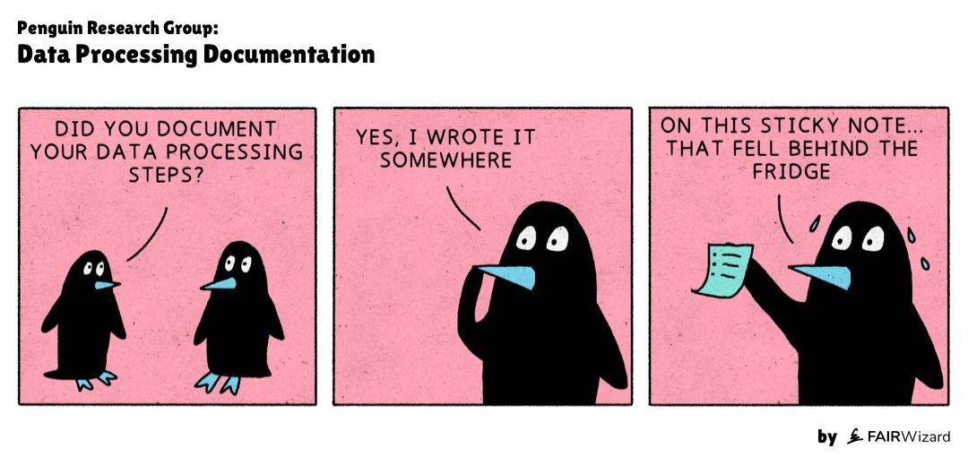 Two penguins talking in 3 squares: First: Did you document your data processing steps? Second square: Yes, I wrote it somewhere. Third square: On this stick note that fell behind the fridge.