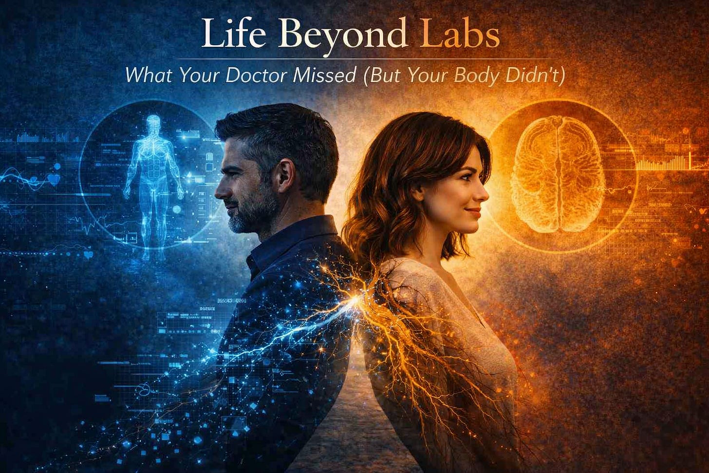 Side-by-side digital illustration of a man and woman standing back to back, divided by cool blue data and warm orange light, with a glowing human body scan on the left, a glowing brain on the right, and the title “Life Beyond Labs: What Your Doctor Missed (But Your Body Didn’t)” above them.